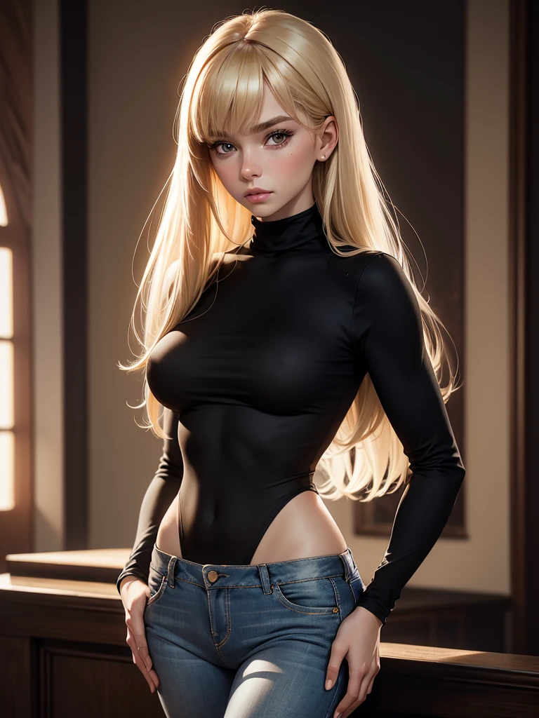 (best quality), 1girl, female, porcelain skin, blonde hair, straight hair, bangs, medium hair, swoopy tips, brown eyes, perfect eyes, black turtleneck, jeans, skinny body, , small bust, shy, masterpiece, anatomically correct, highres