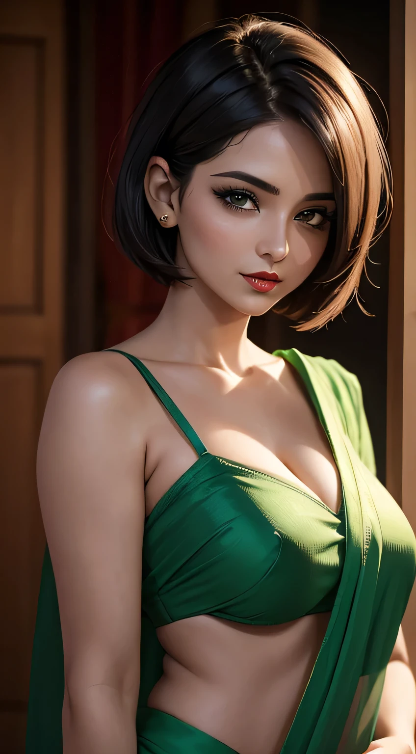 Amazing portrait of a woman who is 30 years old and an adult and a sexy woman with short hair in a bob style wearing a green saree during night time with soft lighting showcasing her red lips and her beautiful face in detail and close up 