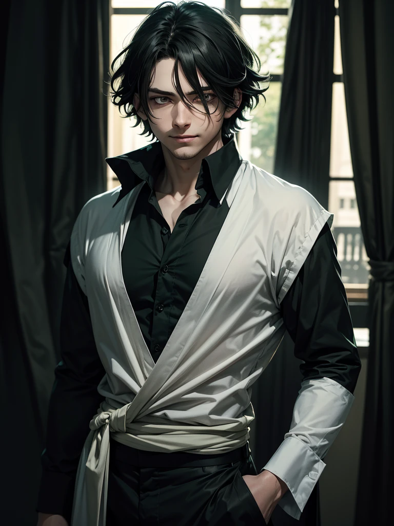 (best quality), 1boy, male, pale skin, black hair, medium hair, curtain hair, tousled hair, green eyes, perfect eyes, dark circles under eyes, light smile, basic black long sleeve v neck shirt, Tomura Shigaraki, masterpiece, anatomically correct, highres
