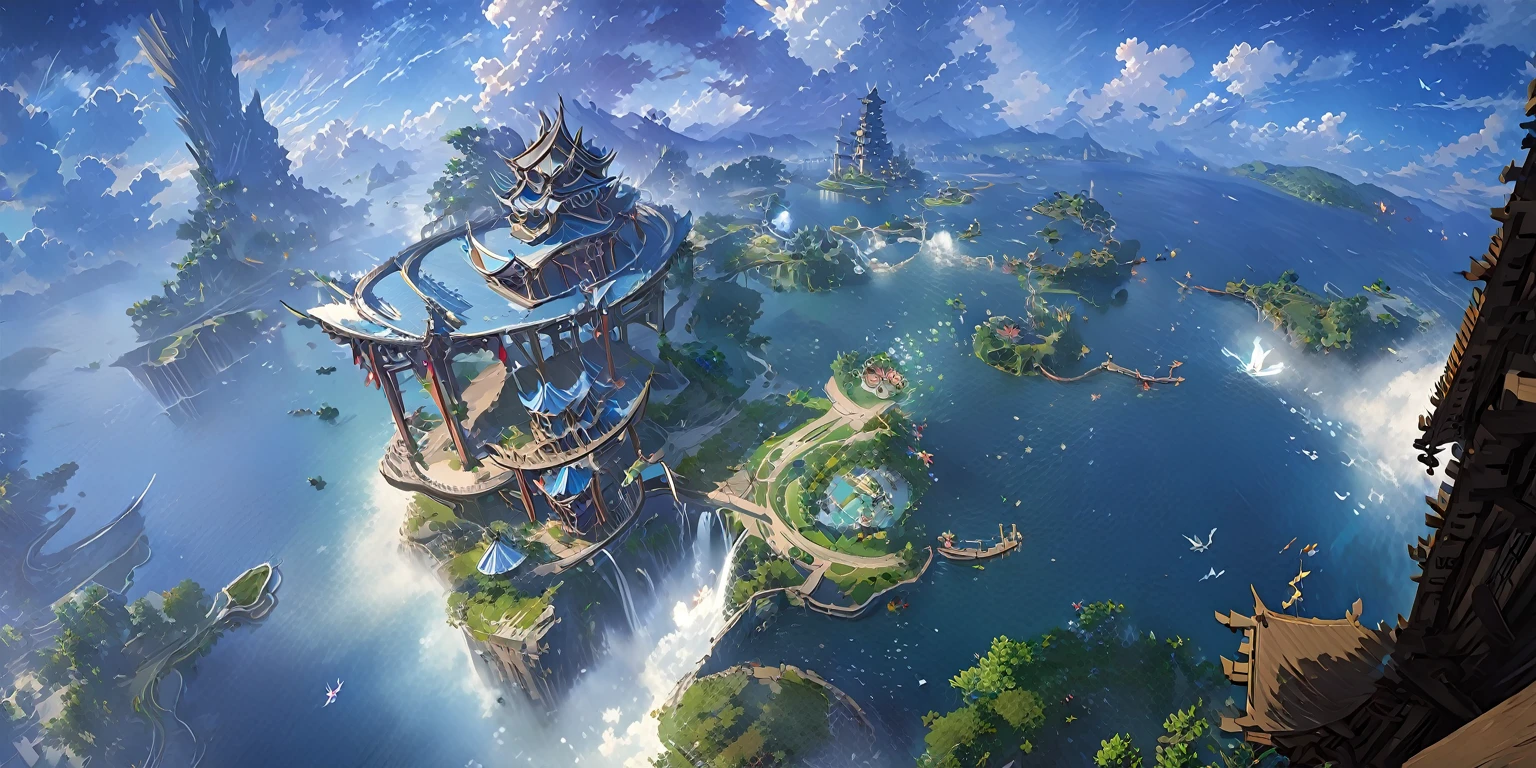 There is a Chinese-style building in the middle of a small island, Game concept art, Final Fantasy Vll World Concept, 2. 5D CGI anime fantasy artwork, Concept World Art, Beautiful concept art, dota matte concept art, Concept Art Wallpaper 4K, conceptartworld, Matte Mystery Dota Pixar, Fantasy concept art, League of Legends concept art ,Ultra-high resolution (Fidelity: 1.4), Ultra-high quality, Extremely detailed CG unity 8k wallpaper, aesthetics, Award-winning photography, True high detail, Detail improvements, Remove blur, complex, The art of travel. Visually stunning. Beautiful city pixels, Blue Hour Photography, Spectacular clouds, Fantasy Clouds.