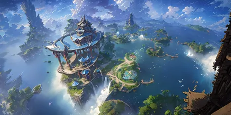 there is a chinese-style building in the middle of a small island, game concept art, final fantasy vll world concept, 2. 5d cgi ...