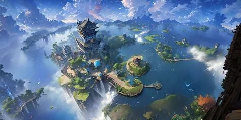 there is a chinese-style building in the middle of a small island, game concept art, final fantasy vll world concept, 2. 5d cgi ...