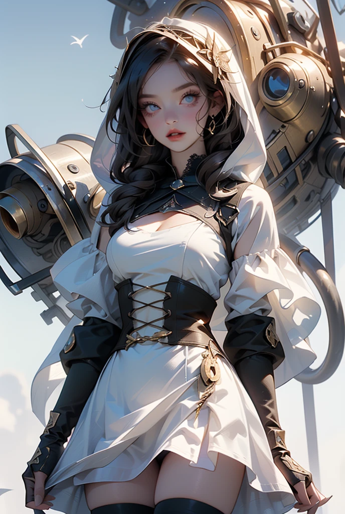 (((masterpiece, of the highest quality, super detailed))), (a witch belonging to an occult order of knights), (a knight crossed with a witch), Victorian era inspired, ((minimal but intricate beautiful armour)), Fluttering lace flared dress with frilly petticoats, ((nier automata meets bloodbourne)), (big forhead:1.2), (((dark hair))), (((Very sharp focused eyes))), very long eyelashes, occult aesthetic, (red and white clothing detailed and intricate steampunk and detailed gothic), (with a hood), complex lace boots,