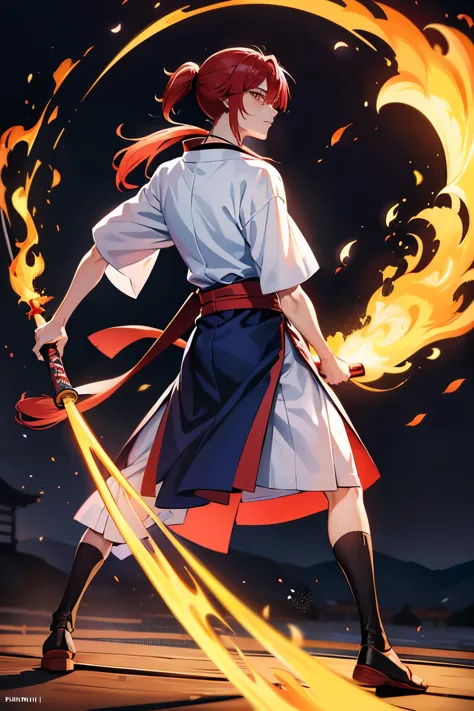 japanese anime from rurouni kenshin kenshin himura a man with long red hair tied in a low ponytail cool man samurai cross scar o...