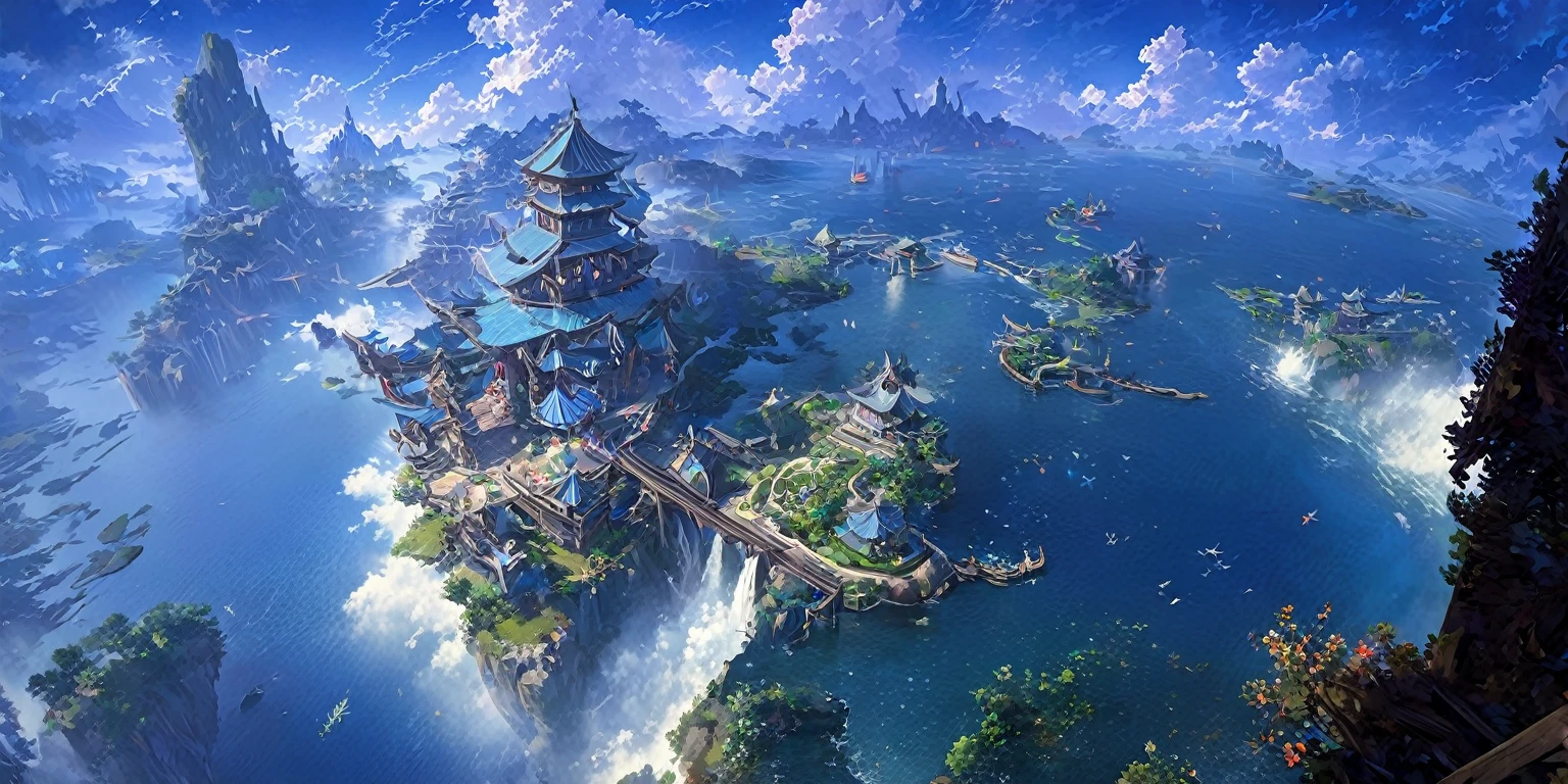 There is a Chinese-style building in the middle of a small island, Game concept art, Final Fantasy Vll World Concept, 2. 5D CGI anime fantasy artwork, Concept World Art, Beautiful concept art, dota matte concept art, Concept Art Wallpaper 4K, conceptartworld, Matte Mystery Dota Pixar, Fantasy concept art, League of Legends concept art ,Ultra-high resolution (Fidelity: 1.4), Ultra-high quality, Extremely detailed CG unity 8k wallpaper, aesthetics, Award-winning photography, True high detail, Detail improvements, Remove blur, complex, The art of travel. Visually stunning. Beautiful city pixels, Blue Hour Photography, Spectacular clouds, Fantasy Clouds.