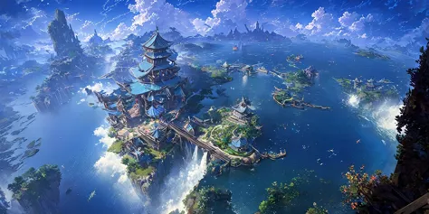 there is a chinese-style building in the middle of a small island, game concept art, final fantasy vll world concept, 2. 5d cgi ...