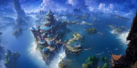 there is a chinese-style building in the middle of a small island, game concept art, final fantasy vll world concept, 2. 5d cgi ...