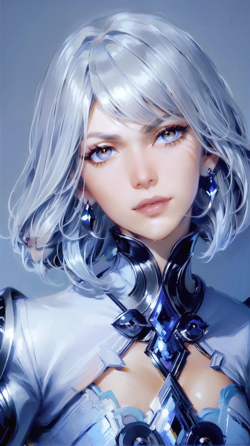 (best quality, masterpiece), 1girl, beautiful girl, brown_eyes, ((hair color [Silver hair], [pixie cut with bangs] hair)), earrings, lips, short sleeves,realistic, narrow waist, charming, colorful makeup, long eyelashes, fair skin, (cute), (detailed face), detailed eyes, detailed iris, consistened character