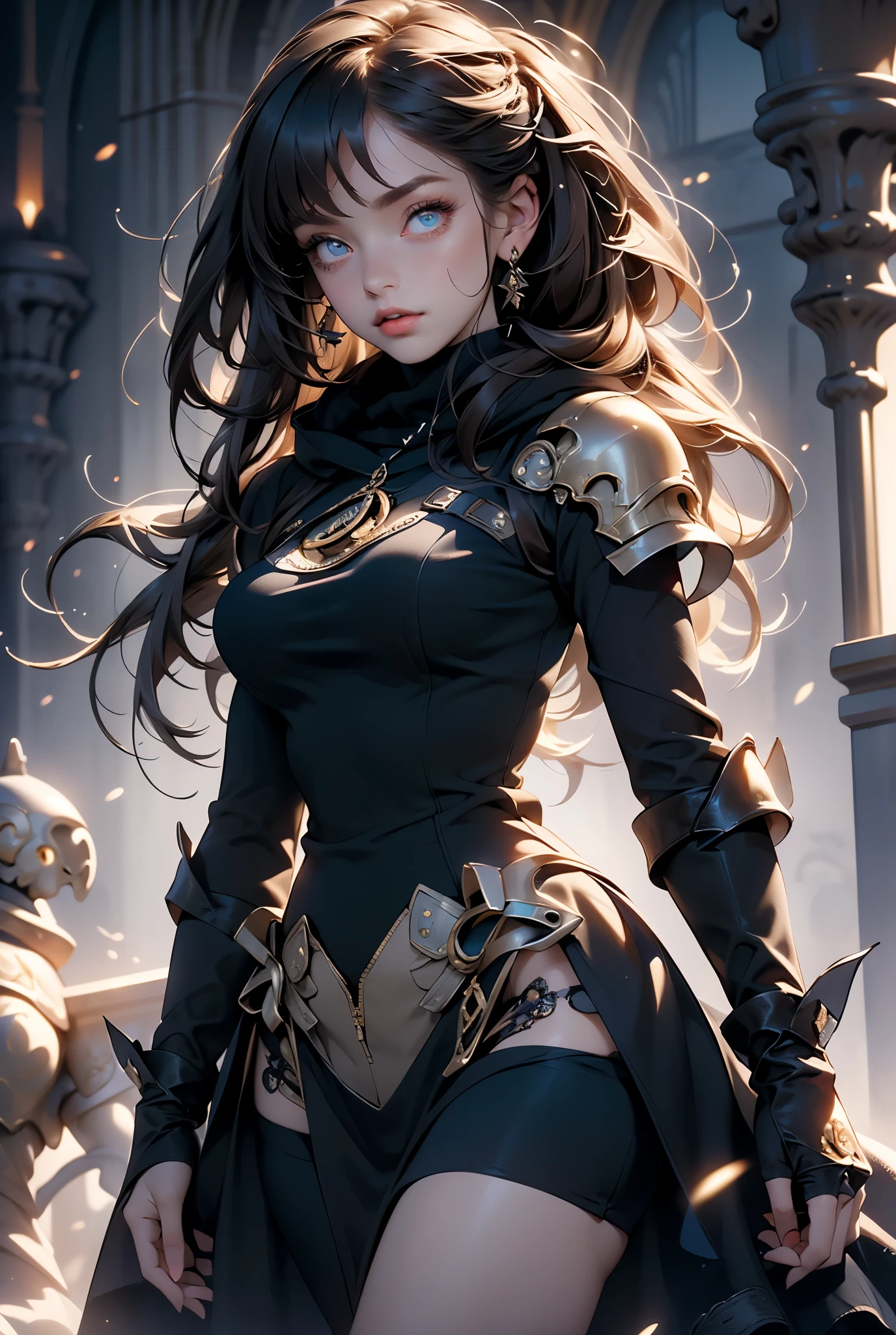 (((masterpiece, of the highest quality, super detailed))), (a witch belonging to an occult order of knights), (a knight crossed with a witch), Victorian era inspired, ((minimal but intricate beautiful armour)), Fluttering lace flared dress with frilly petticoats, ((nier automata meets bloodbourne)), (big forhead:1.2), (((dark hair))), (((Very sharp focused eyes))), very long eyelashes, occult aesthetic, (red and white clothing detailed and intricate steampunk and detailed gothic), (with a hood), complex lace boots,