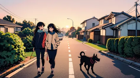 two girl walking her dog in a quiet suburban tokyo neighborhood at sunset, both enjoying the calm atmosphere.