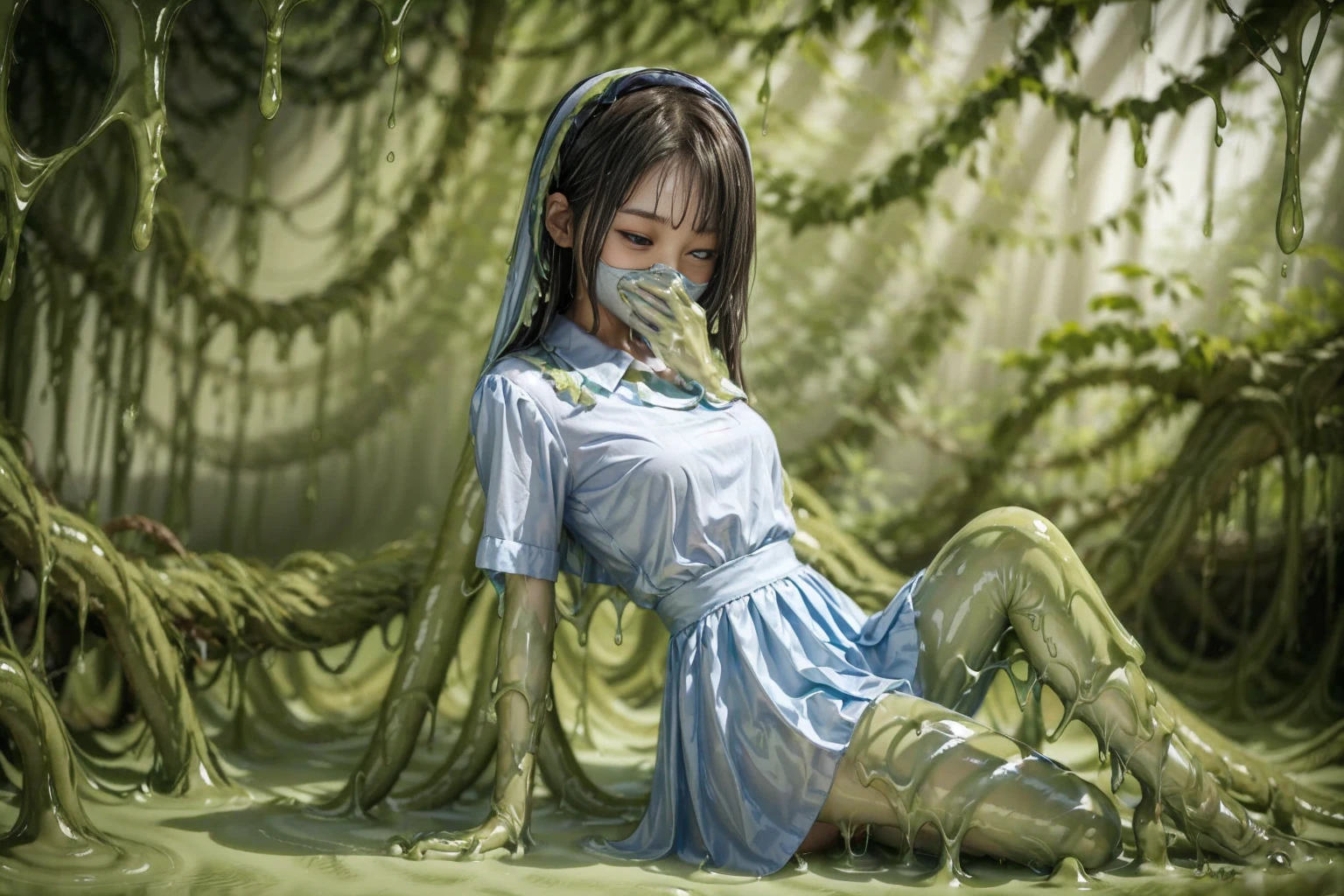 creepy tentacles are (((licking))) Asian school girl (inside creature:1.4) of stinky saliva fluids in fantasy, (stinky dress), wet girl, sitting, ((looking at the viewer)), wet skin, bukkake, anguished, bound by slimy tentacles, bdsm, vine, sitting in a mirror, she is resisting from cum shot, fetish, pussy juice stain, (she is hiding her mouth:1.5) inside creature, slimy ((wet skin)) dripping, (beautiful eyes), dried saliva, ((steaming)), depth of field, 1girl, solo, censored, ((white)) blouse, skirt, school girl, vore, photorealistic, slime, saliva