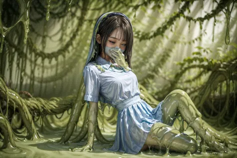 creepy tentacles are (((licking))) Asian school girl (inside creature:1.4) of stinky saliva fluids in fantasy, (stinky dress), w...