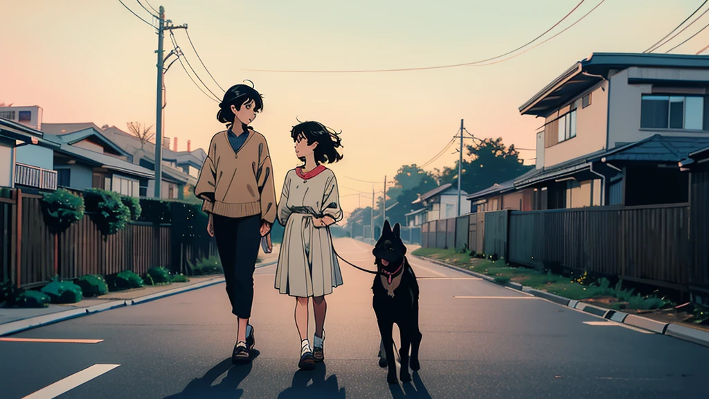 two girl walking her dog in a quiet suburban Tokyo neighborhood at sunset, both enjoying the calm atmosphere.