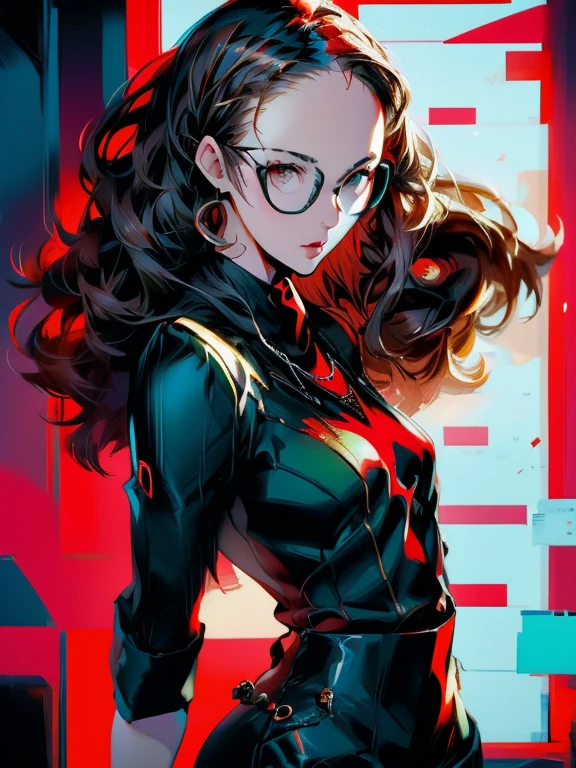 in the art style of persona5, (masterpiece:1.2, highest quality), (Realistic, photoRealistic:1.4), Beautiful illustrations, (Natural Side Lighting, Cinema Lighting), Written boundary depth, Beautiful thighs staring at the viewer, (((Face Focus, Upper Body))), 1 female, 20-year-old, alone, thin, slender, (small breasts), long Hair, Curly Hair, Forehead, Forehead, Forehead, Forehead, thin, slender, glasses, blouse, sexy pencil skirt, Are standing, ((Close-up)), ((Close-up)), ((Close-up))