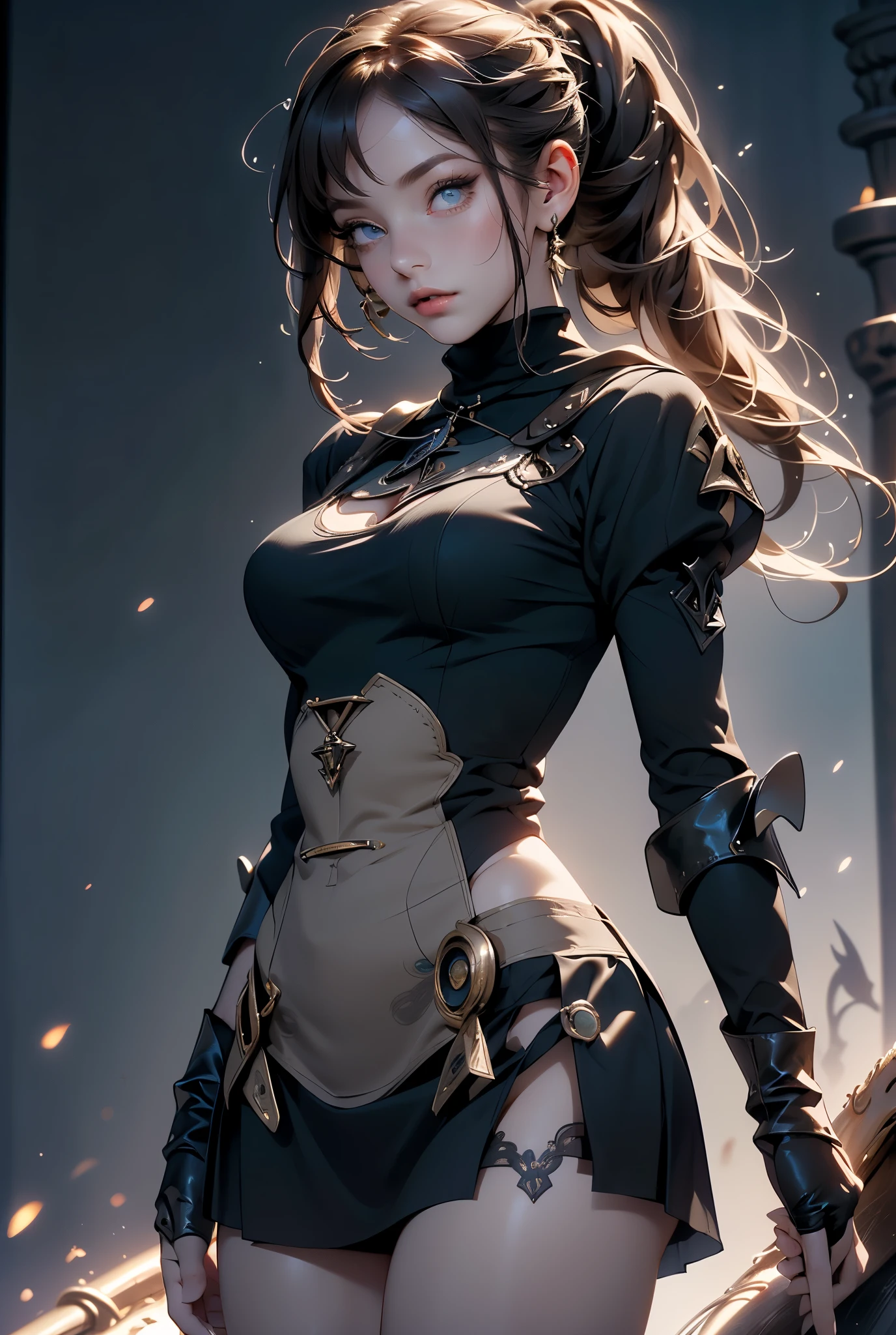 (((masterpiece, of the highest quality, super detailed))), (a witch belonging to an occult order of knights), (a knight crossed with a witch), Victorian era inspired, ((minimal but intricate beautiful armour)), Fluttering lace flared dress with frilly petticoats, ((nier automata meets bloodbourne)), (big forhead:1.2), (((dark hair, ponytail, thick ponytail, heavy ponytail))), (((Very sharp focused eyes))), very long eyelashes, occult aesthetic, (red and white clothing detailed and intricate steampunk and detailed gothic), (with a hood), complex lace boots,