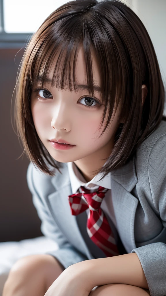 ((masterpiece, Highest quality, High resolution)), 1 Japanese girl, (Realistic: 1.4), excited、Great face,Glossy lips、15 years old, Silver Hair、Silver Hair、short hair, Silver Hair、(Beautiful Hair:1.5), high school girl、(Pure white blazer)、(Red tie)、Checkered mini skirt、Beautiful legs、Lie down on the bed、Staring、Angle from the front, Smooth, Highly detailed CG composite 8K wallpaper, High resolutionのRAWカラー写真, Professional photography, Light, BackLight, dream-like, impressive, Written boundary depth, (Face close-up:1.5)
