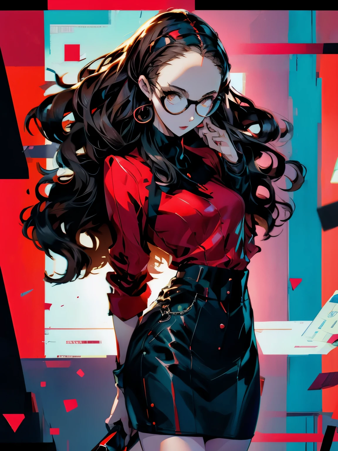 in the art style of persona5, (masterpiece:1.2, highest quality), (Realistic, photoRealistic:1.4), Beautiful illustrations, (Natural Side Lighting, Cinema Lighting), Written boundary depth, Beautiful thighs staring at the viewer, 1 female, 20-year-old, alone, thin, slender, (small breasts), long Hair, Curly Hair, Forehead, Forehead, Forehead, Forehead, thin, slender, glasses, blouse, sexy pencil skirt, Are standing