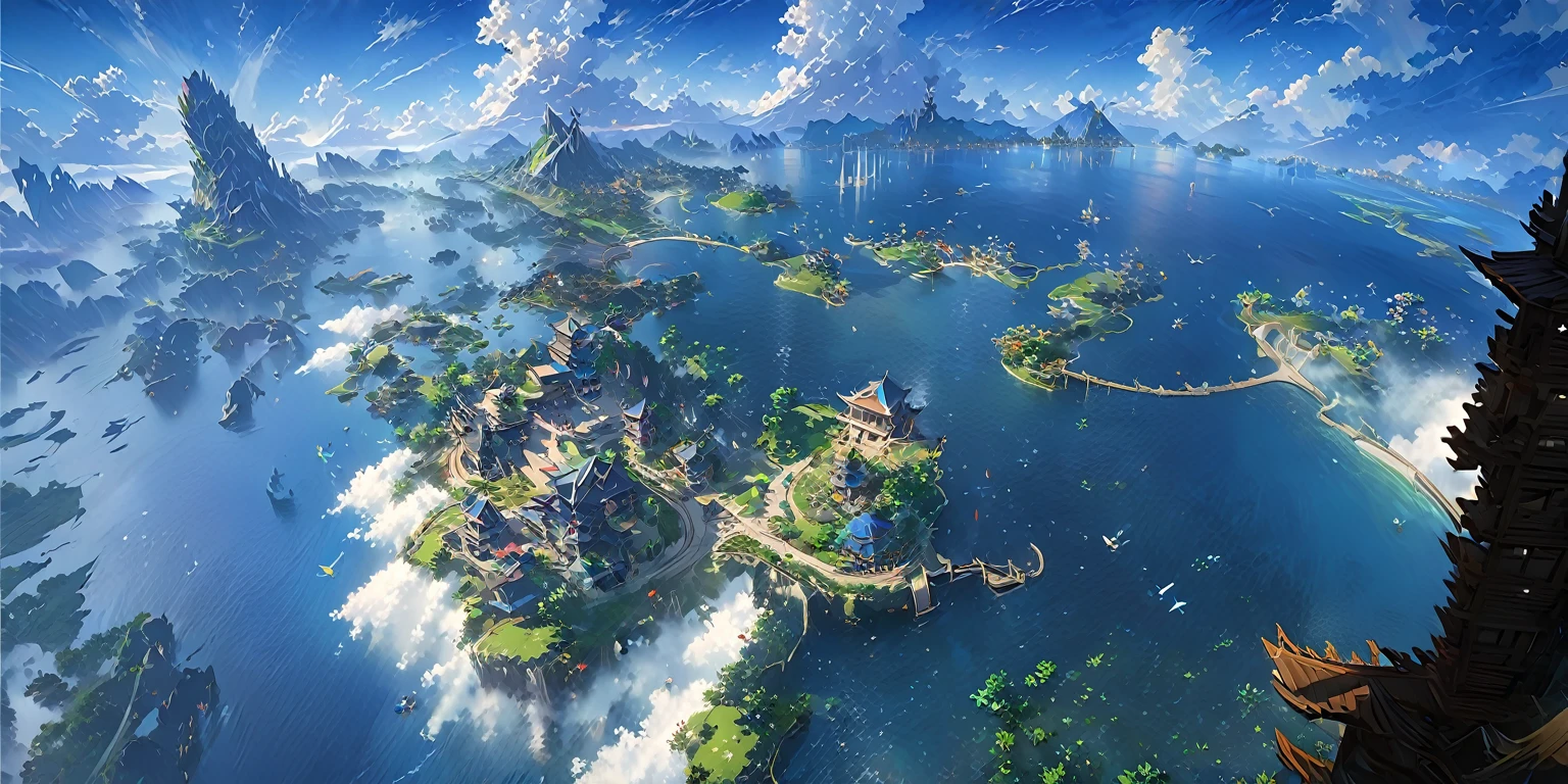 There is a Chinese-style building in the middle of a small island, Game concept art, Final Fantasy Vll World Concept, 2. 5D CGI anime fantasy artwork, Concept World Art, Beautiful concept art, dota matte concept art, Concept Art Wallpaper 4K, conceptartworld, Matte Mystery Dota Pixar, Fantasy concept art, League of Legends concept art ,Ultra-high resolution (Fidelity: 1.4), Ultra-high quality, Extremely detailed CG unity 8k wallpaper, aesthetics, Award-winning photography, True high detail, Detail improvements, Remove blur, complex, The art of travel. Visually stunning. Beautiful city pixels, Blue Hour Photography, Spectacular clouds, Fantasy Clouds.