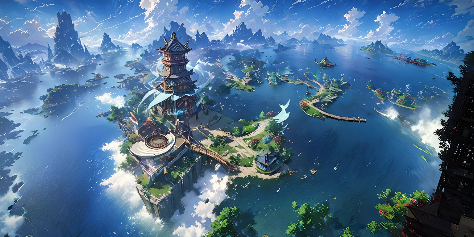 There is a Chinese-style building in the middle of a small island, Game concept art, Final Fantasy Vll World Concept, 2. 5D CGI anime fantasy artwork, Concept World Art, Beautiful concept art, dota matte concept art, Concept Art Wallpaper 4K, conceptartworld, Matte Mystery Dota Pixar, Fantasy concept art, League of Legends concept art ,Ultra-high resolution (Fidelity: 1.4), Ultra-high quality, Extremely detailed CG unity 8k wallpaper, aesthetics, Award-winning photography, True high detail, Detail improvements, Remove blur, complex, The art of travel. Visually stunning. Beautiful city pixels, Blue Hour Photography, Spectacular clouds, Fantasy Clouds.