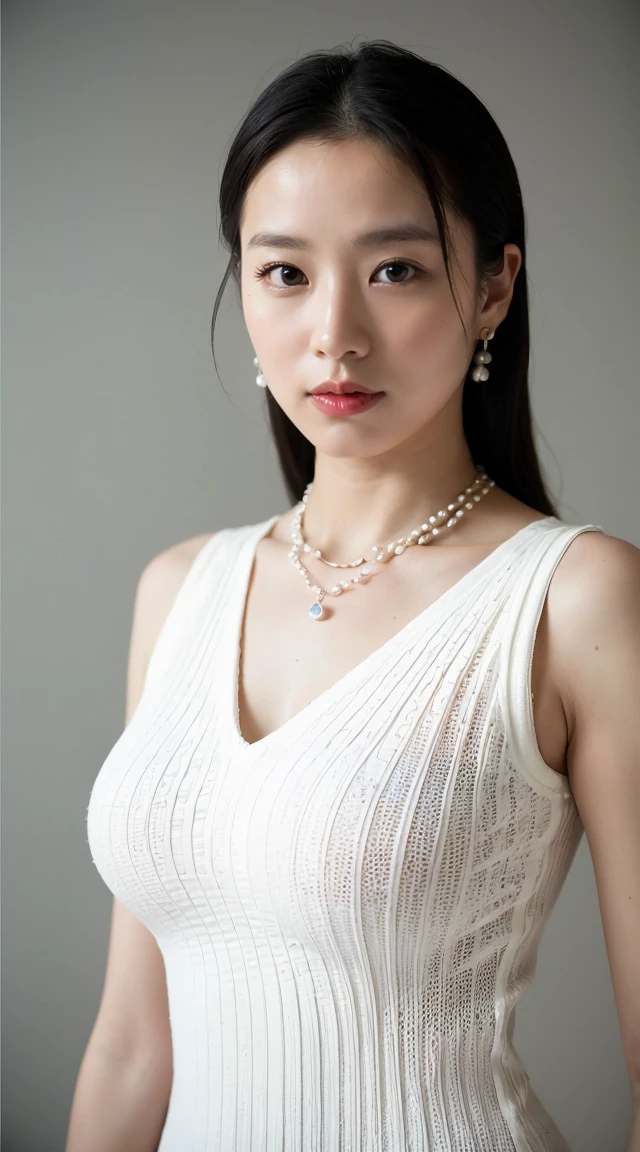 ((Highest quality, 8k, Portrait Photography: 1.3)), (Viewer Display), Photorealism,  Sharp focus, alone, beauty products,Medium Long Hair,Pearl Necklace、Pearl Earrings、 Big Breasts, ((((Photograph the whole body)))),(V-neck sleeveless knit dress)，30 years old、Floral Background