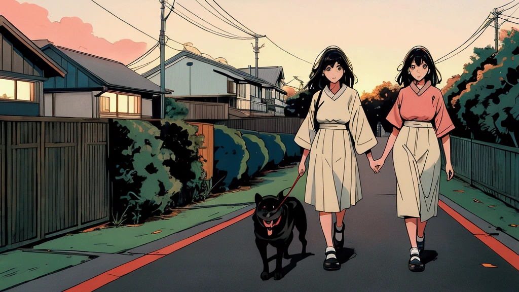 two girl walking her dog in a quiet suburban Tokyo neighborhood at sunset, both enjoying the calm atmosphere.