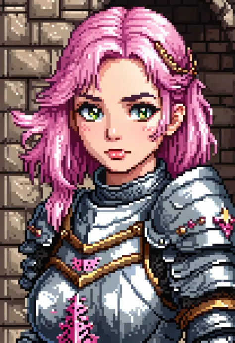 pixel art, one girl,a female knight wearing silver armor、pink hair、front、medieval fantasy, (highest quality, masterpiece, repres...