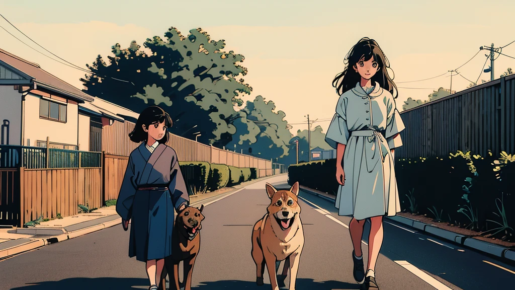 masterpiece, Highest quality, two girl walking her dog in a quiet suburban Tokyo neighborhood at sunset, both enjoying the calm atmosphere.