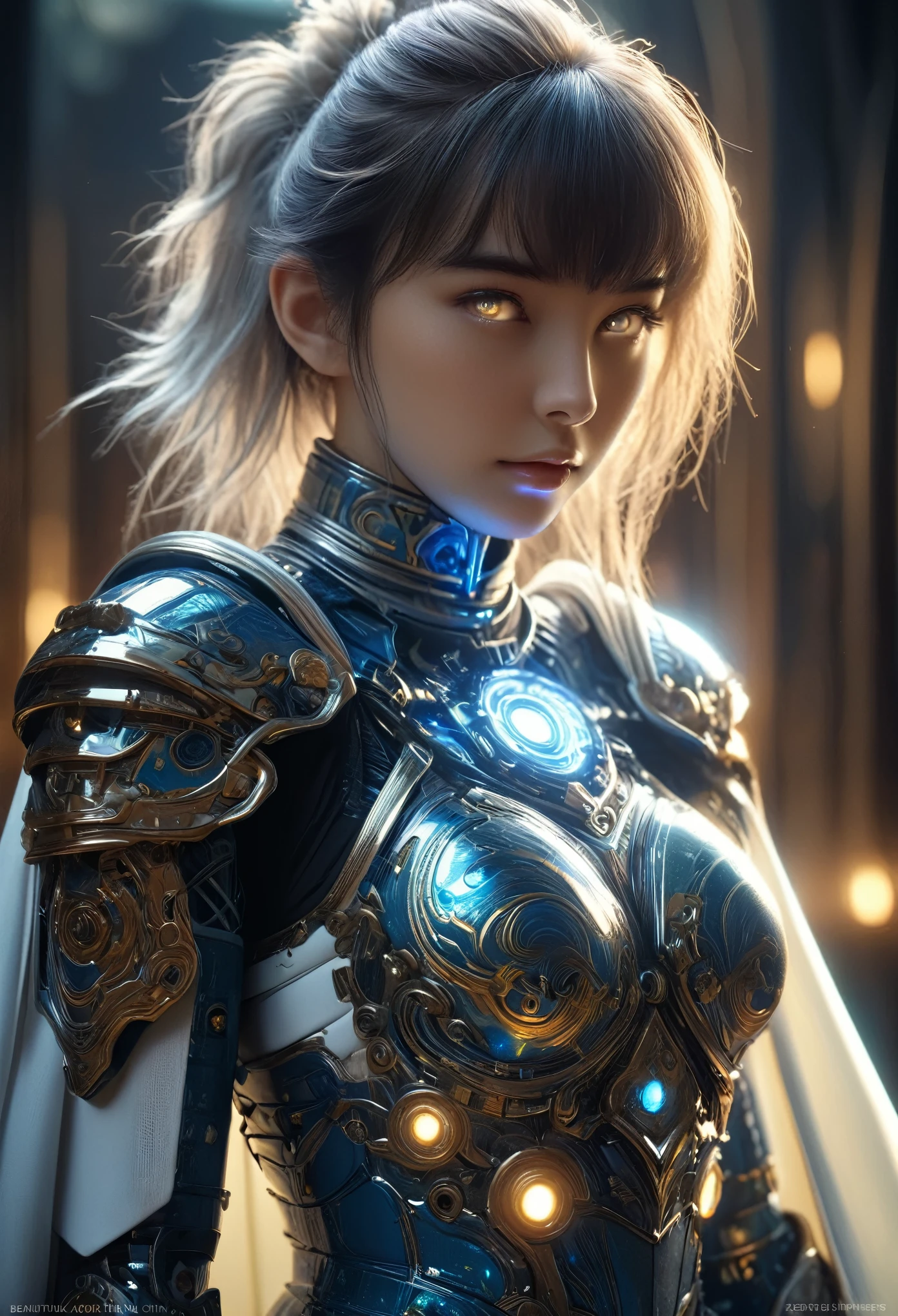 (Best Quality, 4K, 8K, High Resolution, Masterpiece: 1.2), (Super Detailed, Realistic, Photorealistic:1.37), A woman in futuristic clothing, Trending on cgstation, Trending on cgstation, (Portrait of a girl in the Knights of the Zodiac:1.4), blunt bangs, Cute Cyborg Girl, Perfect android girl, Portrait Astronaut Girl, Beautiful girl cyborg, (Girl wearing iridescent blue white mechanical cyber armor:1.3), Game CG, cgsociety and fenghua zhong, Beautiful Cyborg Shrine Maiden, Bioluminescence, (Yua Yaiba:0.5), (Golden eyes:1.5), Anatomically correct grip, (Sharp and long claws:1.4), erotic and sexy, black, wearing A gorgeous cape with beautifully detailed embroidery, (beautiful tits, beautiful breasts, beautiful nipples:1.5), (NSFW:1.5)