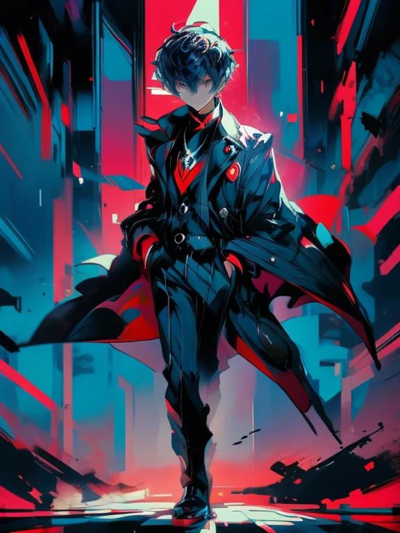 in the art style of persona5, ((masterpiece, best quality)) Persona3MakotoYuki, 1boy, solo, blue hair, blue eyes, in a busy urban street, wearing a tailored three-piece suit, confidently striding forward amidst the city's hustle and bustle