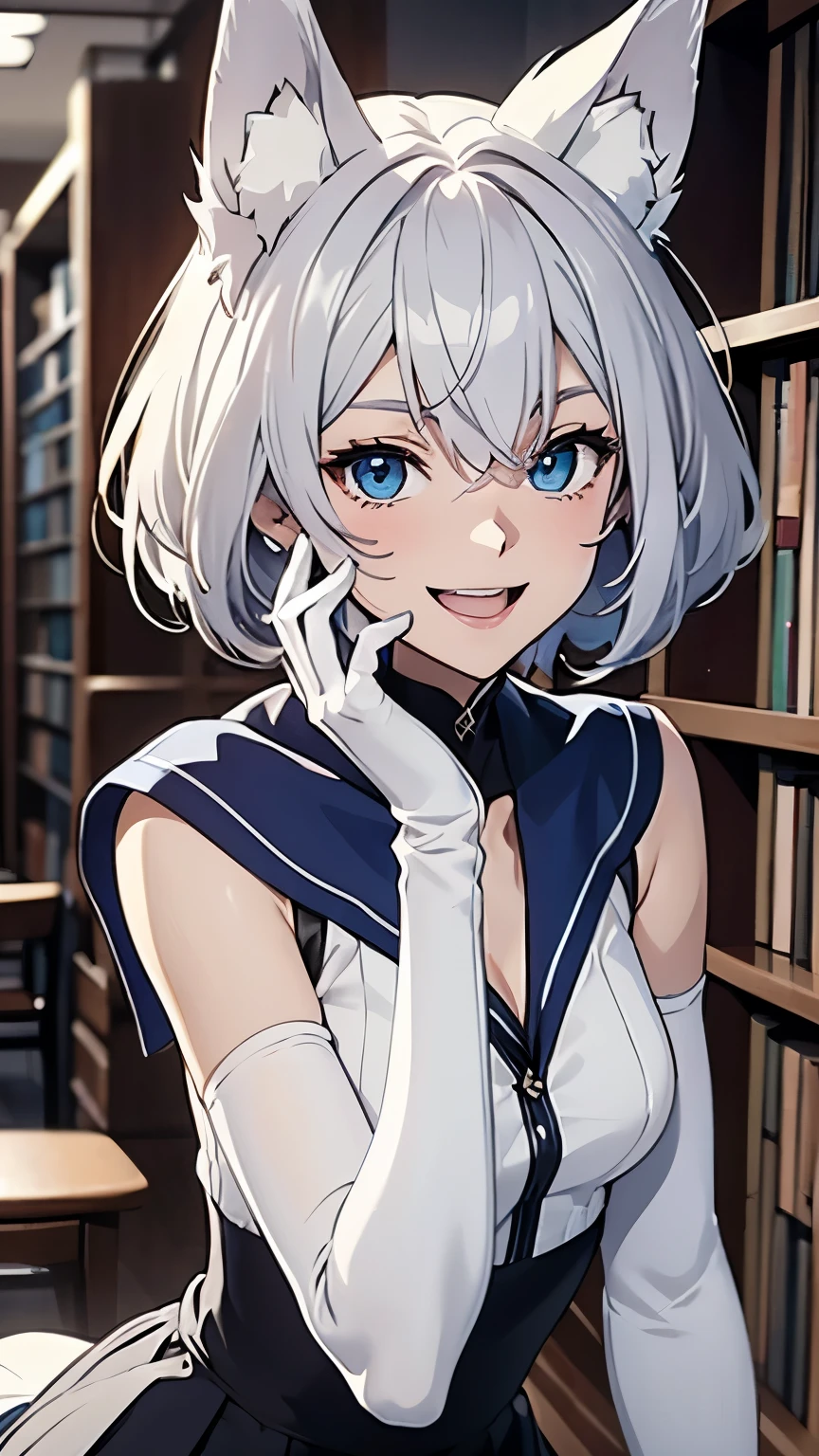 Tabletop　High resolution　Best image quality　8k　 Adult female　Anime Style　Portrait　White long gloves（Elbow Gloves）　White Sailor Suit（Sleeveless）　mini skirt　White Pantyhose　White wolf ears　short hair（（Shortcuts）（Gray Hair）（Perm）（fluffy））　blue eyes　Attractive face（（Laughter）（smile）（Open your mouth））　Library　whisper