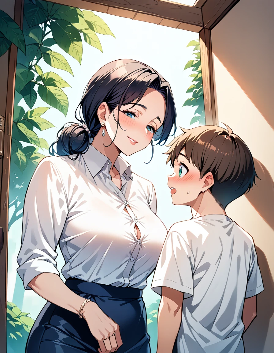 score_9, score_8_up, score_7_up, source_アニメ, 1boy, 1girl, mature female, mother and son, kid，Wear a white button-down shirt