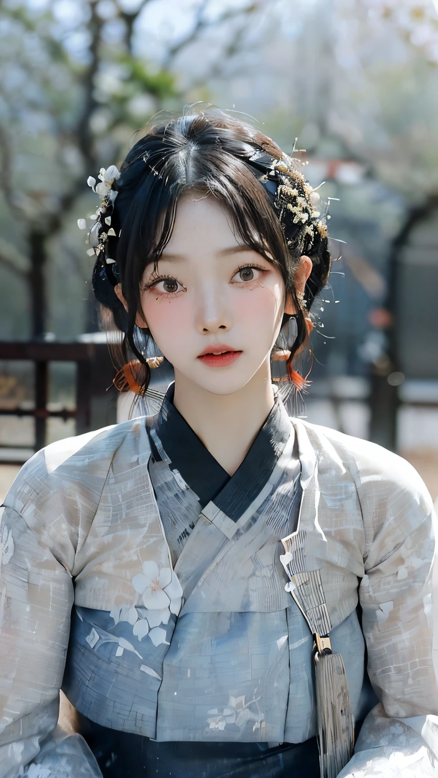 (best quality, 8k, masterpiece: 1.3), ((((((ridiculously big tits: 0.8))))), hairpin, (beautiful face:1.3), plum blossom ink painting background,authentic hanbok, 1920s photo studio, (It feels like a faded photograph: 1.4), Old photos, laugh, Black and white photo, 1920s Hanbok style and hairstyle, retro style