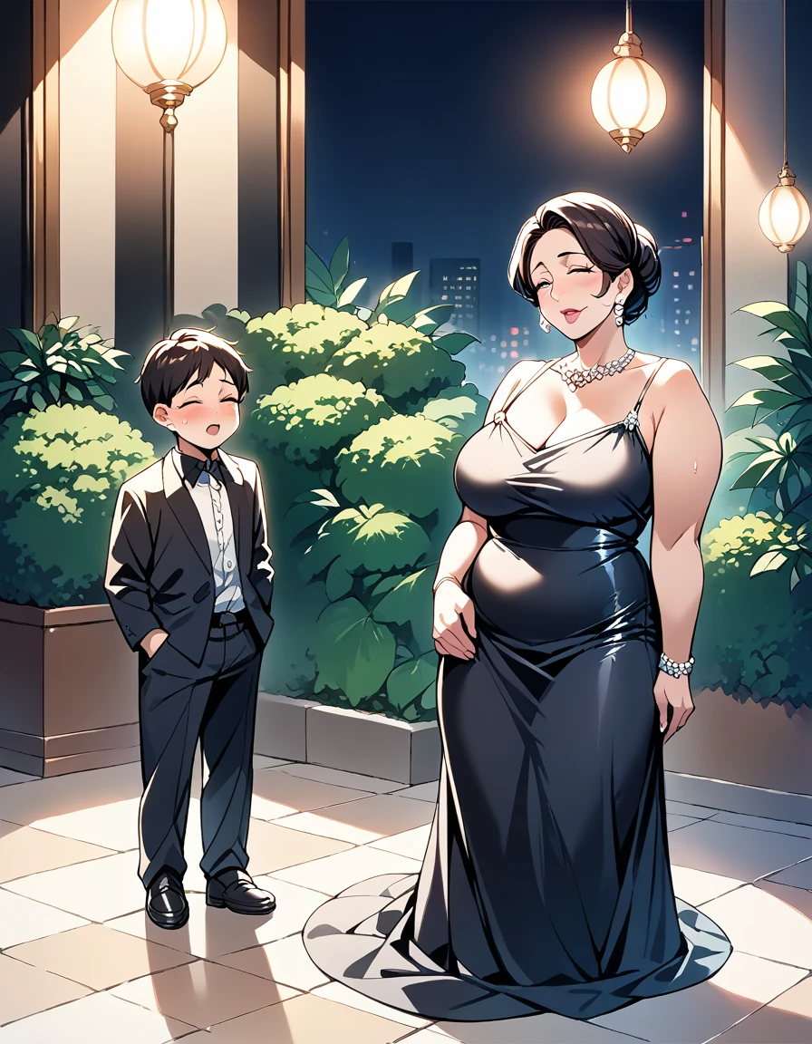 score_9, score_8_up, score_7_up, source_アニメ, 1boy, 1girl, mature female, mother and son, kid，Wear a black evening gown