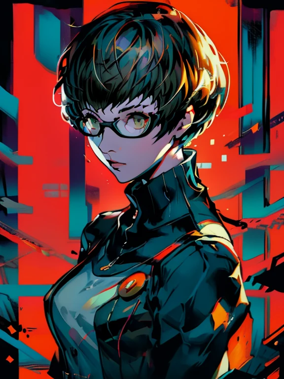 in the art style of persona5, (((satonaka chie))), (masterpiece:1.2, highest quality), (Realistic, photoRealistic:1.4), Beautiful illustrations, (Natural Side Lighting, Cinema Lighting), Written boundary depth, Beautiful thighs staring at the viewer, (((Face Focus, Upper Body))), 1 female, 20-year-old, alone, thin, slender, (small breasts), thin, slender, ((glasses)), Are standing, ((Close-up)), ((Close-up)), ((Close-up))