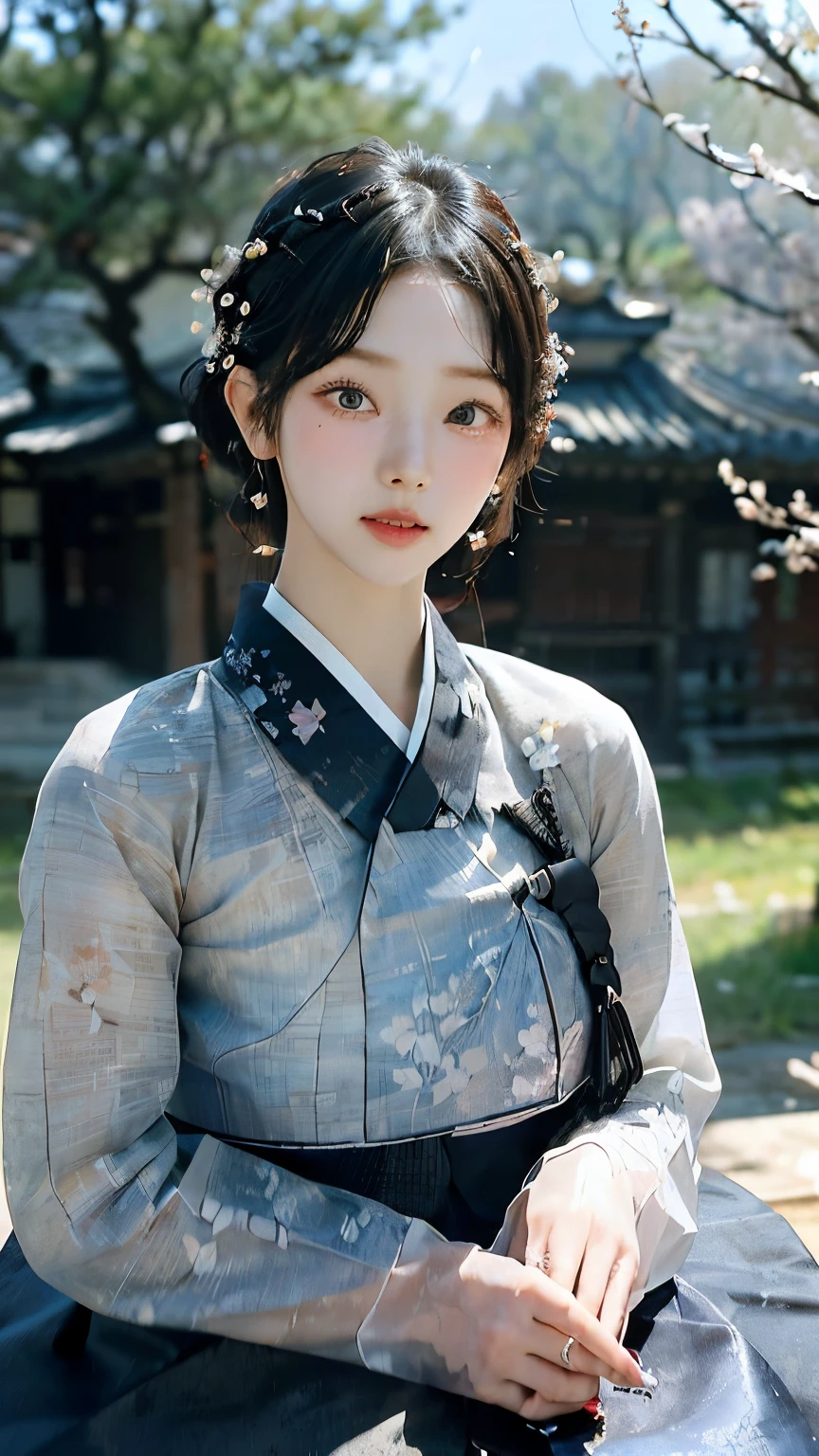 (best quality, 8k, masterpiece: 1.3), ((((((ridiculously big tits: 0.8))))), hairpin, (beautiful face:1.3), plum blossom ink painting background,authentic hanbok, 1920s photo studio, (It feels like a faded photograph: 1.4), Old photos, laugh, Black and white photo, 1920s Hanbok style and hairstyle, retro style