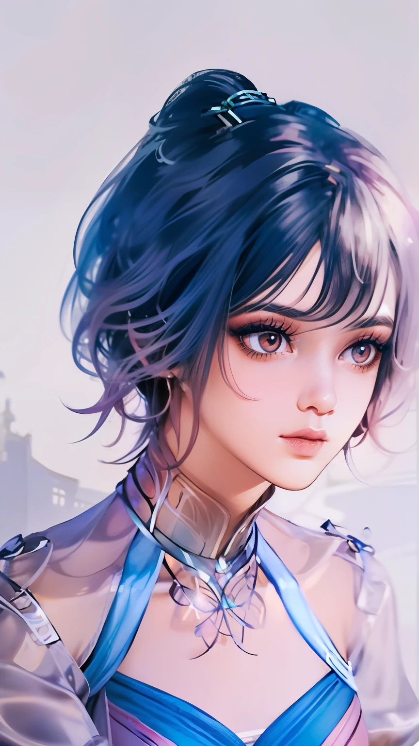 (best quality, masterpiece), 1girl, beautiful girl, brown_eyes, ((hair color [blue and pink hair], [pixie cut with bangs] hair)), earrings, lips, short sleeves,realistic, narrow waist, charming, colorful makeup, long eyelashes, fair skin, (cute), (detailed face), detailed eyes, detailed iris, consistent character, diferent pose