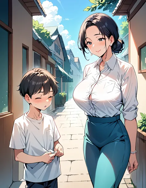 score_9, score_8_up, score_7_up, source_アニメ, 1boy, 1girl, mature female, mother and son, kid，wear a white button-down shirt