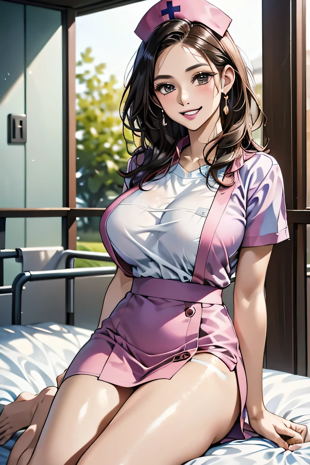 1 female, 40 years old, (Nurse cap, Nurse uniform and mini skirt), masterpiece, Grin, (very tanned and shiny skin), Big Breasts, photoRealistic, Realistic, alone, photoRealistic, Highest quality, Ultra-high resolution, Yura S, Outdoor, colorful,  Daytime setting, beautiful, masterpiece, Highest quality, Very detailedな顔, Perfect lighting, Ultra-high resolution, Very detailed, (background: Hospital room)