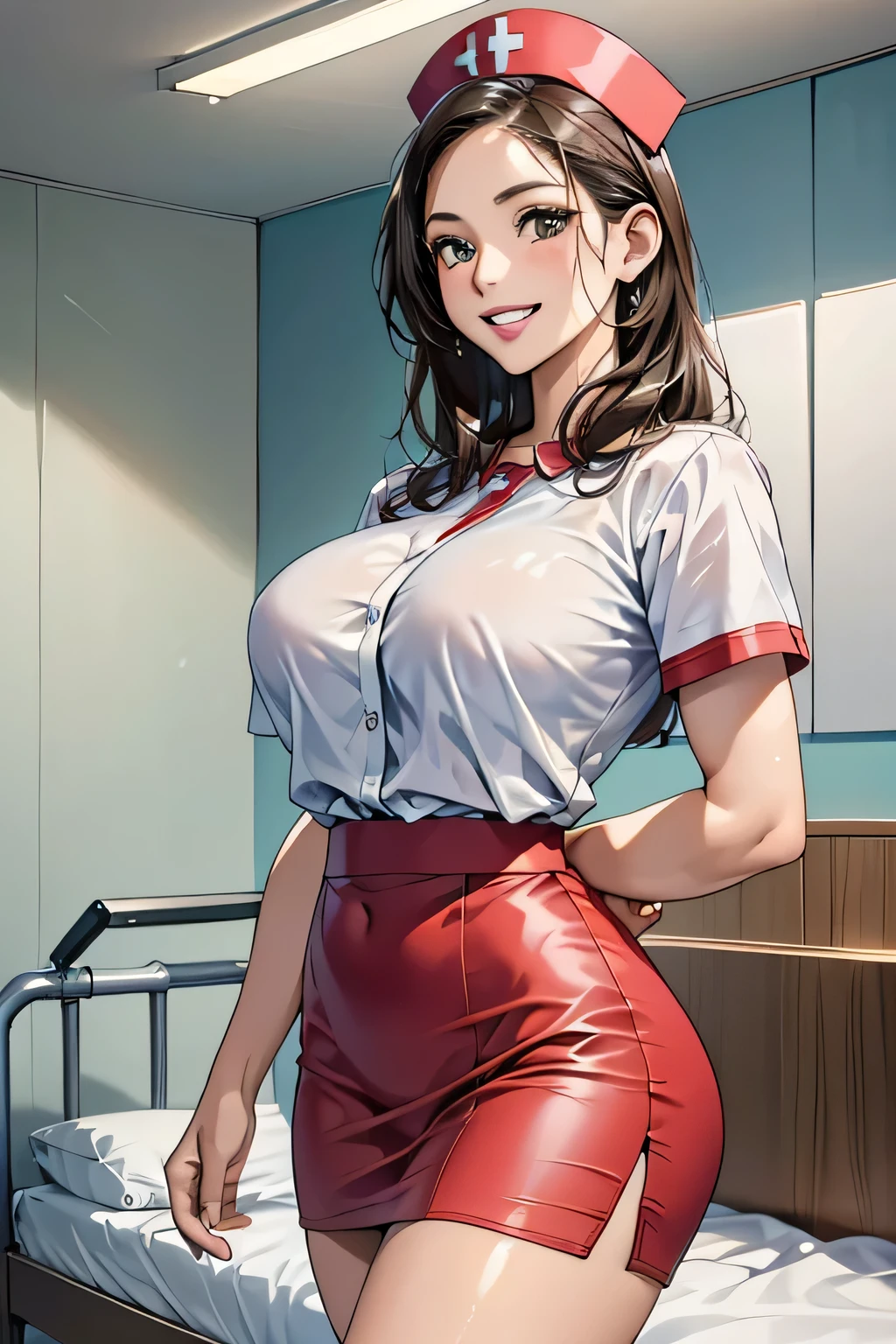 1 female, 40 years old, (Nurse cap, Nurse uniform and mini skirt), masterpiece, Grin, (very tanned and shiny skin), Big Breasts, photoRealistic, Realistic, alone, photoRealistic, Highest quality, Ultra-high resolution, Yura S, Outdoor, colorful,  Daytime setting, beautiful, masterpiece, Highest quality, Very detailedな顔, Perfect lighting, Ultra-high resolution, Very detailed, (background: Hospital room)