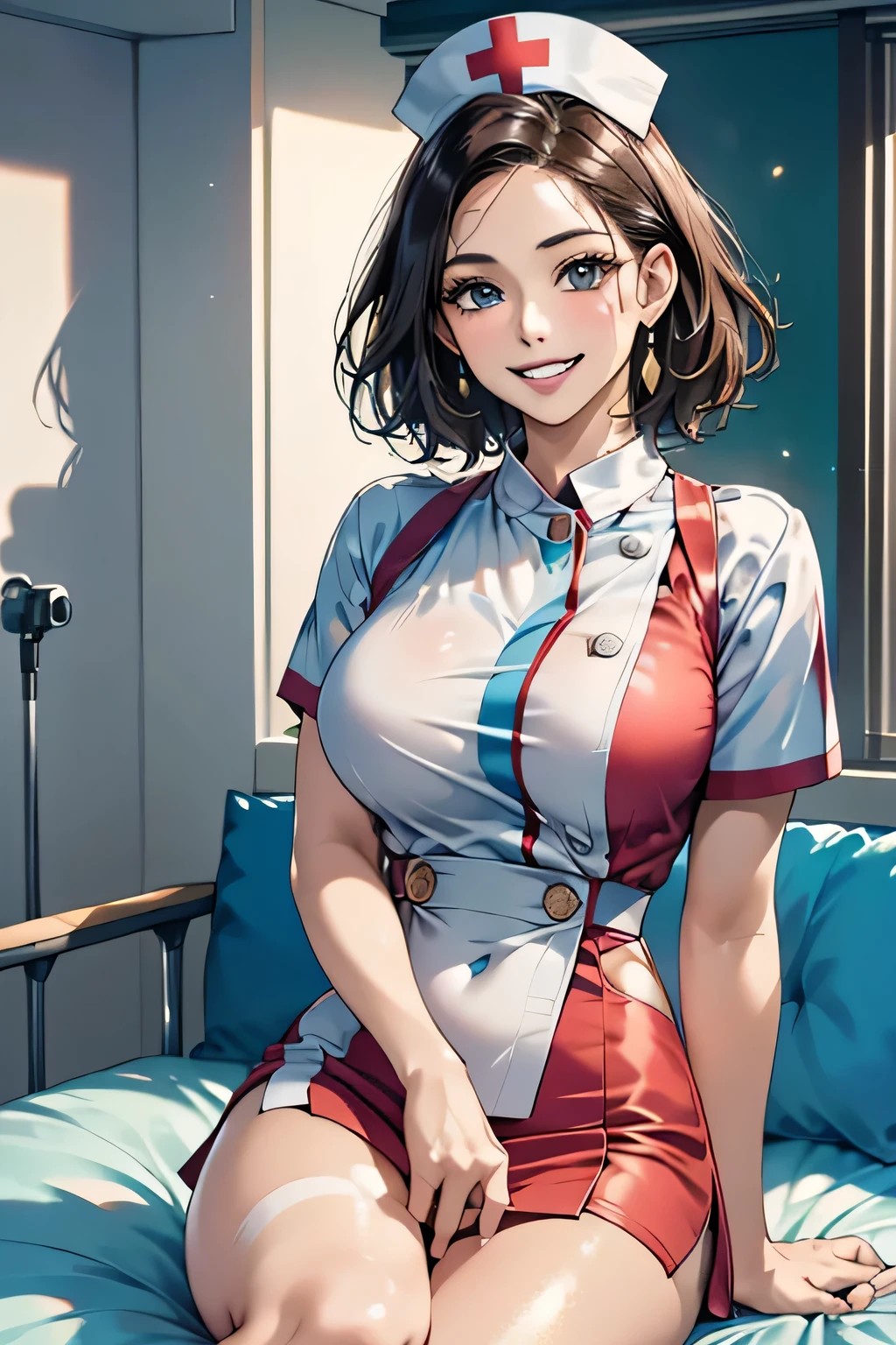 1 female, 40 years old, (Nurse cap, Nurse uniform and mini skirt), masterpiece, Grin, (very tanned and shiny skin), Big Breasts, photoRealistic, Realistic, alone, photoRealistic, Highest quality, Ultra-high resolution, Yura S, Outdoor, colorful,  Daytime setting, beautiful, masterpiece, Highest quality, Very detailedな顔, Perfect lighting, Ultra-high resolution, Very detailed, (background: Hospital room)