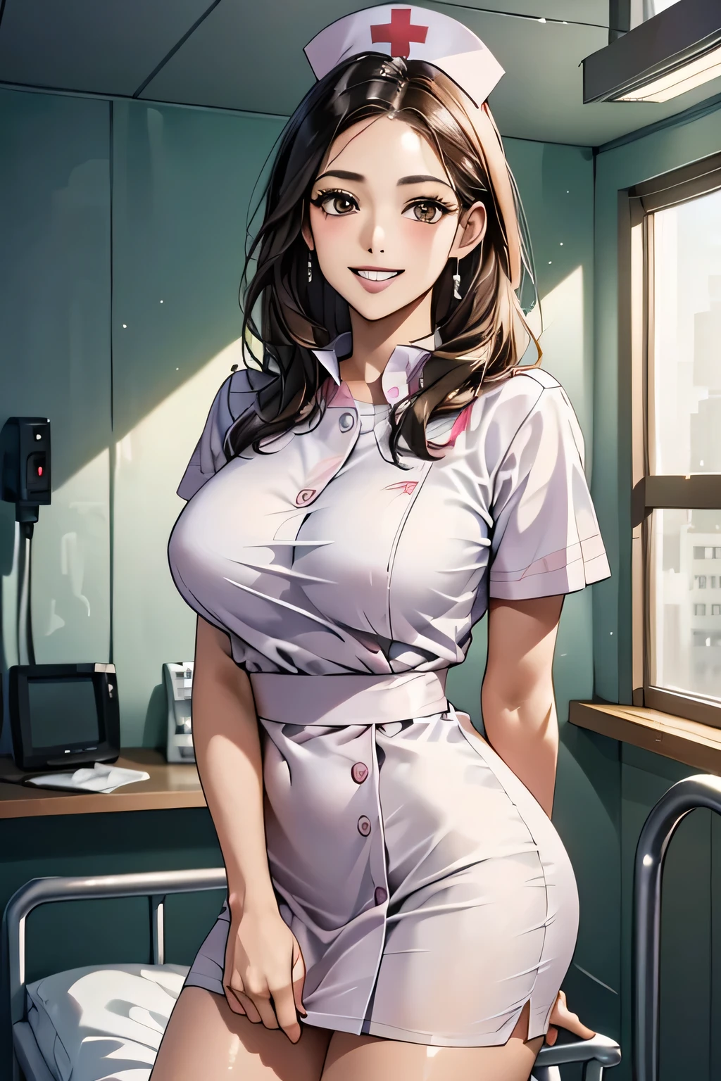 1 female, 40 years old, (Nurse cap, Nurse uniform and mini skirt), masterpiece, Grin, (very tanned and shiny skin), Big Breasts, photoRealistic, Realistic, alone, photoRealistic, Highest quality, Ultra-high resolution, Yura S, Outdoor, colorful,  Daytime setting, beautiful, masterpiece, Highest quality, Very detailedな顔, Perfect lighting, Ultra-high resolution, Very detailed, (background: Hospital room)