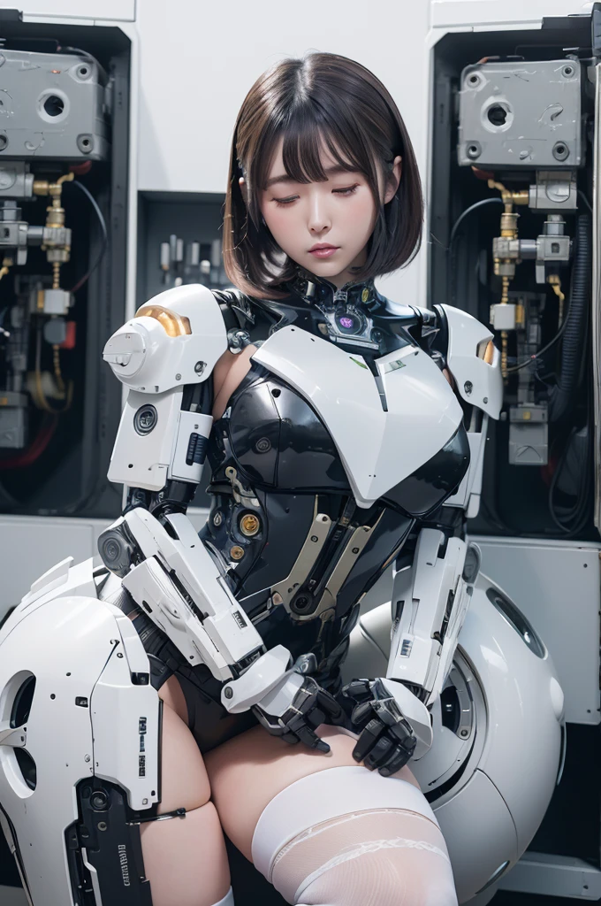 masterpiece, best quality, extremely detailed,8k portrait, Japanese android girl,Plump ,control panels,robot arms,robot,android,cyborg,white robot body,blunt bangs,robot repair plant,black knee high socks,（closing eyes:1.5）