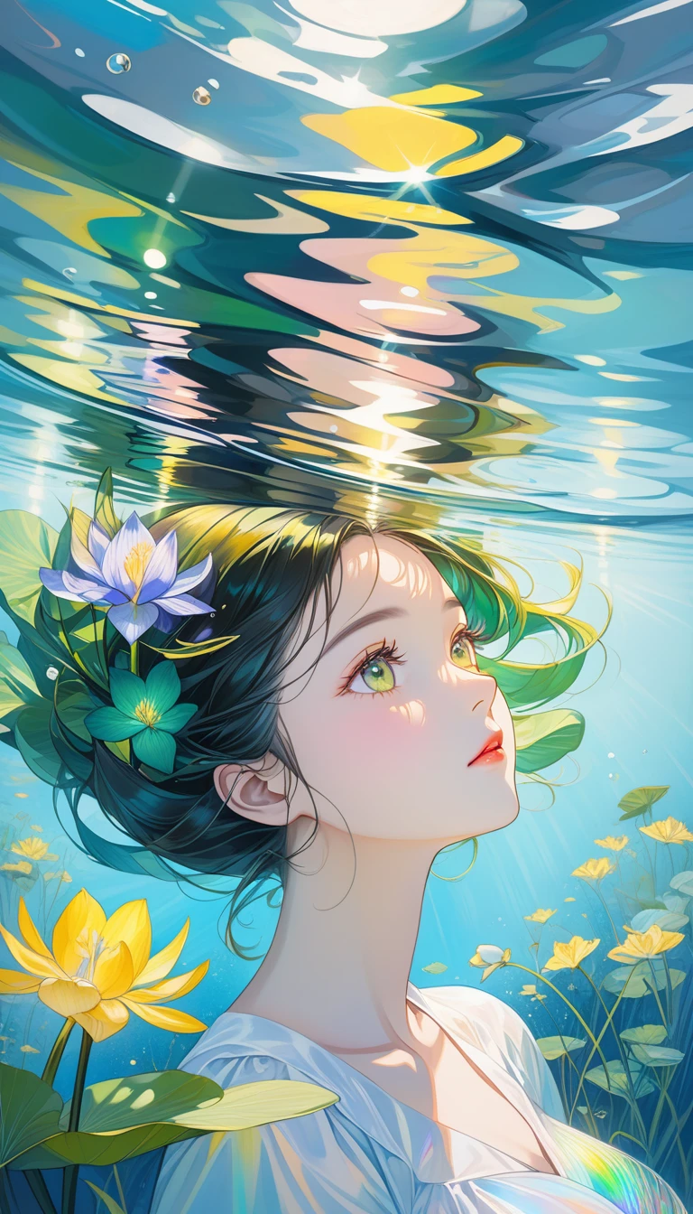 Girl swimming underwater,Ultra-detailed rendering style,Shine,yellow,green,Brush,Surreal oil painting,Shine目,Head close-up,Exaggerated perspective,Holographic Tyndall,Water Iris,Background Black,