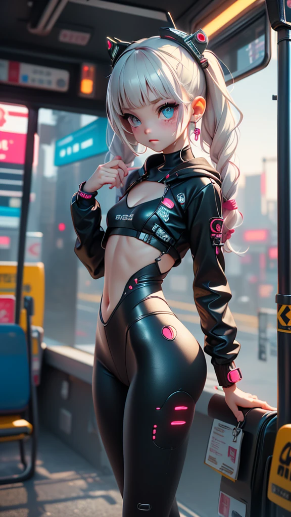 1girl, innocent, alone, ((waiting a bus:1.5)), (view_from_front:1.5), (instagram yanakryukova), (seductive_facial_expression:1.4), sweety, cute, kawaii, perfect face, galactic_young_princess, ((little breasts, flat_chested, small chest:1.6)), ((little nipples, natural nipples)), top model figure, (skinny), (perfect little ass, round ass, long legs, slim legs), pale skin, soft skin, caucasian teenager, slender girl, natural make-up on eyes only, perfecteyes, black_eyes, (innocent_looking:1.4), oval jaw, freckles, natural_beauty, (white hair, bright pink hair, dreadlocked pigtails, long bangs, drill hair), ((she is wearing a white transparent lace bodysuit,  print white cotton leggings, white transparent lace hoodie, lace collarbone, cleavage cutout, cameltoe, and techwear high boots)), ((wearing an intricate detailed techwear white outfit)), ((cute neon head accesories:1.6)), punk_hair_ornaments, pastel_goth, punk, fantasy_princess, necklace, earring, cute 18 years old girl, skinny young girl, white theme, (bokeh, depth of field, blurry background, light particles, fog), ((detailed sci-fi cyberpunk bus stop background:1.6)), ((real life, realistic, profesional photography, photo_realistic, hyper_realism, ultra-detailed)), photography by Tim Walker, Tim Walker masterpiece, best_quality, 8K, soft tones, pastel tones, low saturation, (contrast:0.3), muted colors, cold light, neon, Ex_Machina_movie, studio light