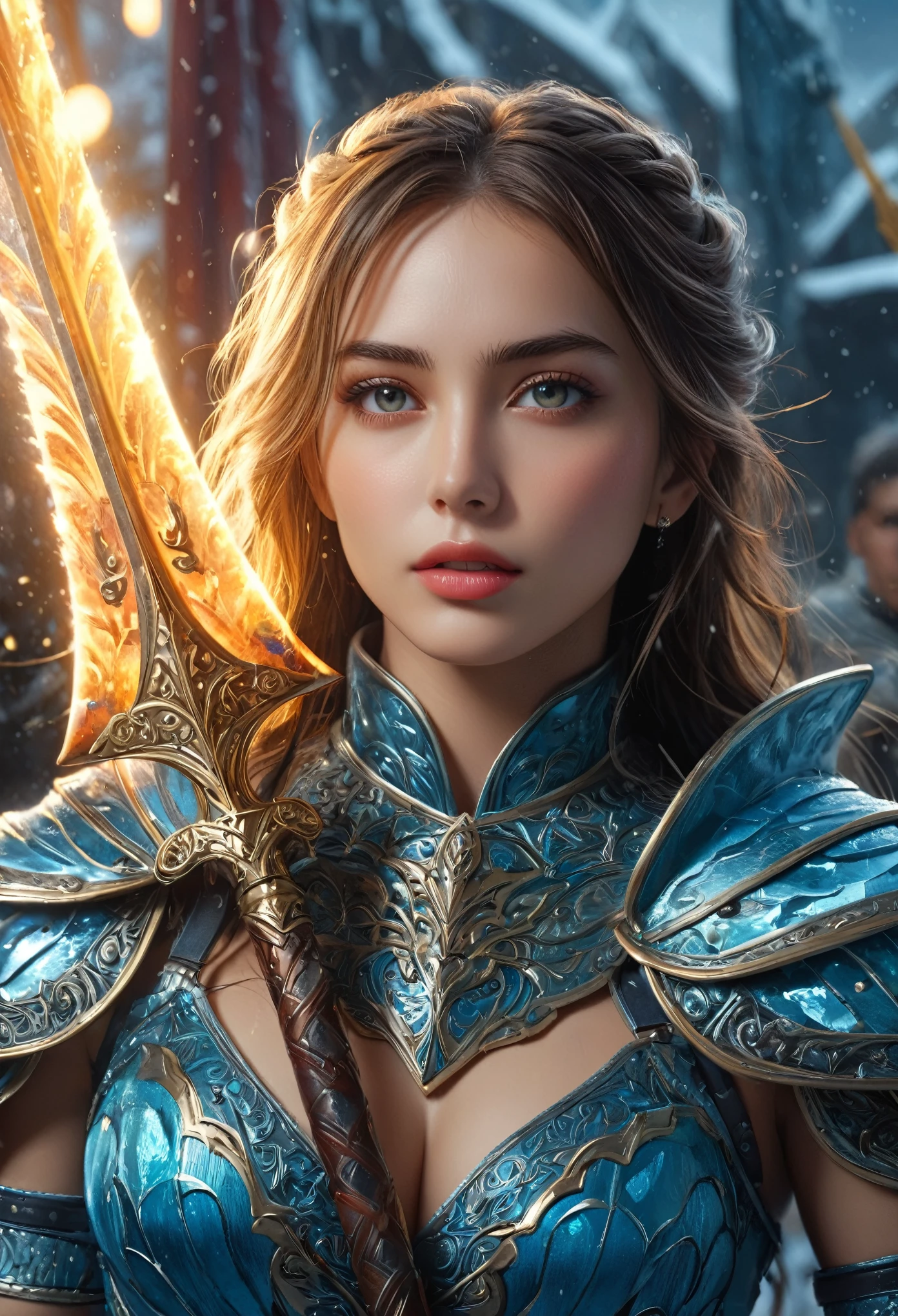 (Highest quality),(realistic,photorealistic,photo-realistic:1.37), ultra-detailed,(best quality,4k, 8k, highres, masterpiece:1.2),beautiful detailed eyes, beautiful detailed lips, extremely detailed eyes and face,longeyelashes,1girl, exotic noble warrior, detailed Ice palace background, ornate armor, holding a halberd, (surrounded by a monstrous army:1.2), dramatic cinematic lighting, vibrant colors, epic fantasy scene, toned thighs, toned abs, whole body, muscular