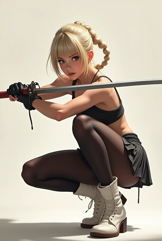 masterpiece, Best Quality, super rendering, super Realistic, High Detail Face, Clean and delicate face, whole body, Crouch and swing a long sword, grip the sword anatomically correctly, Single Braided blonde pony tail, parted bangs, forehead, wearing a camisole and pleated mini skirt, bare ass, open legs, Sleeveless, black pantyhose, white short boots, glaring at the viewer, simple color background