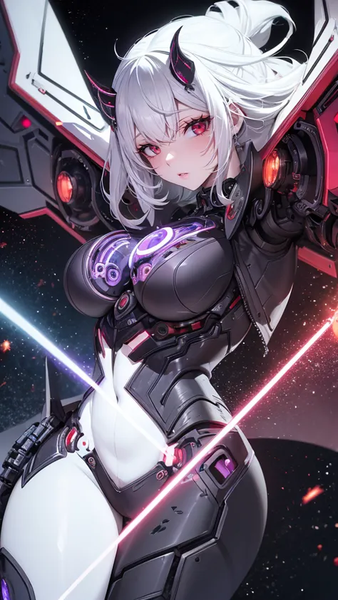 a young robot demon girl, white hair, heterochromic violet and red eyes, horns, robotic demon wings, cute outfit, best quality, ...