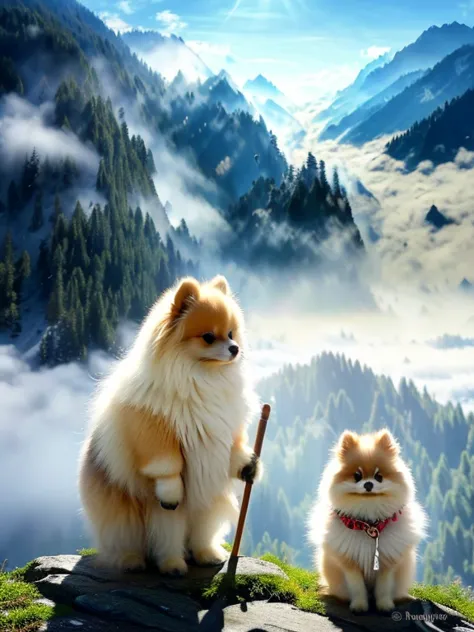 (masterpiece, best quality: 1.4), from side, two savior-like pomeranians, pomeranian standing on two legs, holding a walking sti...