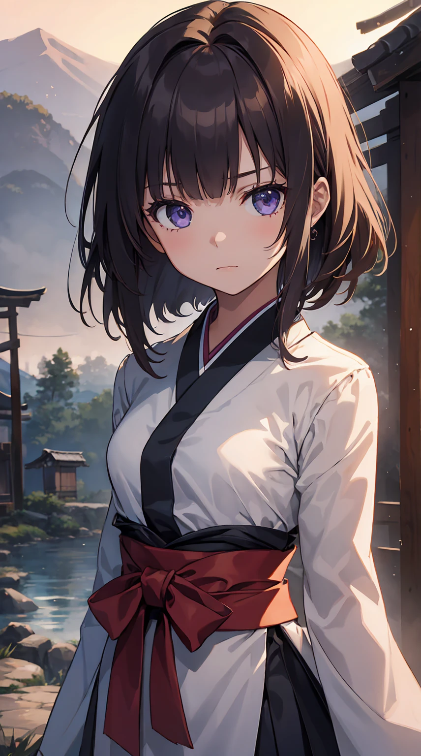 1girl,solo,stare at the far,serious face,8K, Best quality,twilight,in the Japanese village,ultra detailed