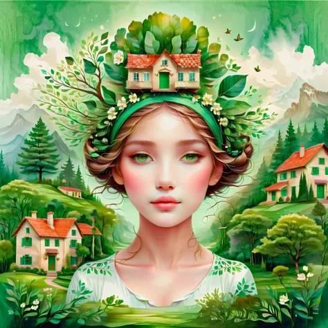 flat，vector，beautiful girl with green eyes，wearing an elegant headband，hair decorated with elements of nature and home，carrying ...